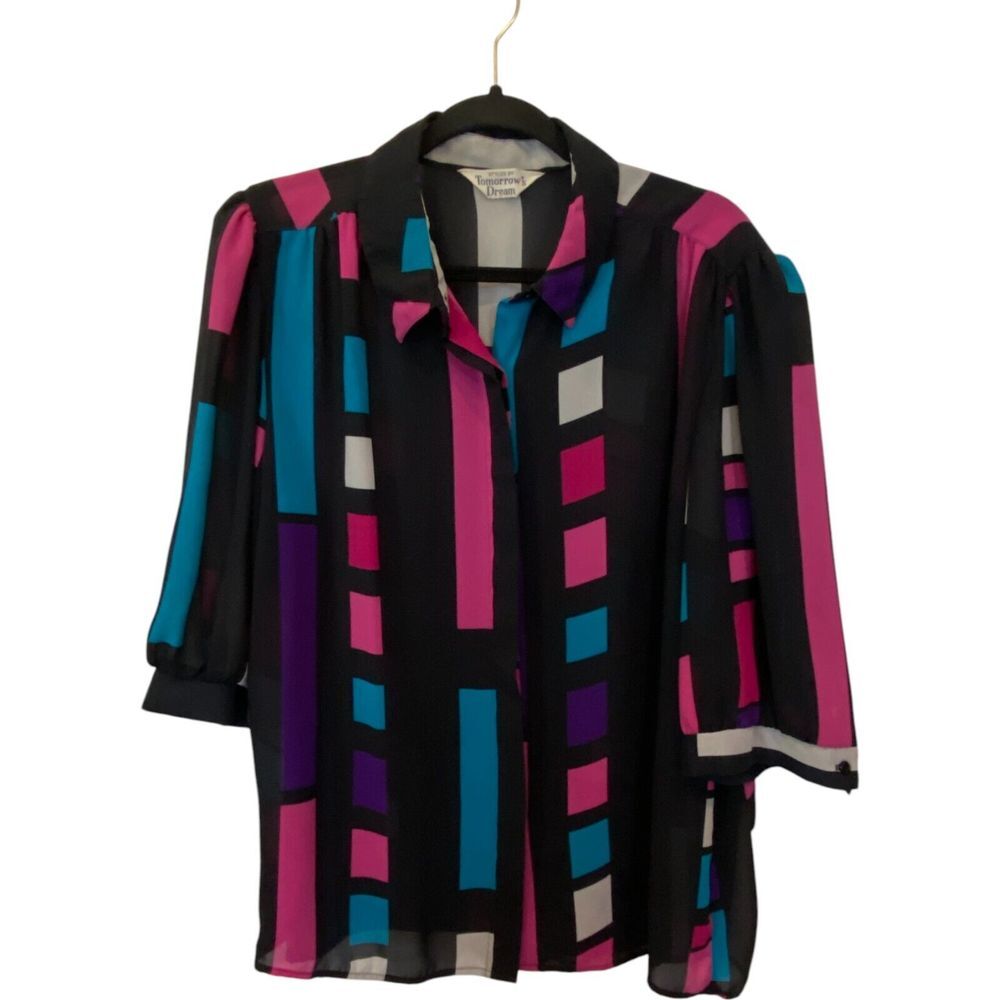 Tomorrows Dream Blouse Womens Secretary Geometric Print Collared 3/4 Sleeve - Picture 1 of 6